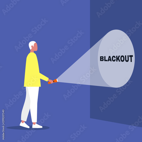 Electricity outage, Blackout, young male character holding a flashlight