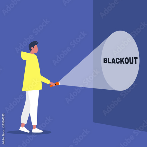 Electricity outage, Blackout, young male character holding a flashlight