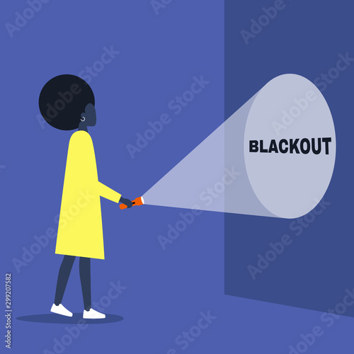 Electricity outage, Blackout, young black female character holding a flashlight