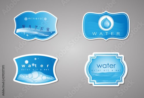 Mineral Water Label And Logo Sticker. Vector Set Isolated On Gray Background. Collection Of Clear Water Drop Icon. Flat Aqua Logo, Drink Logo And Bottle Label Design. Drinking Water Label