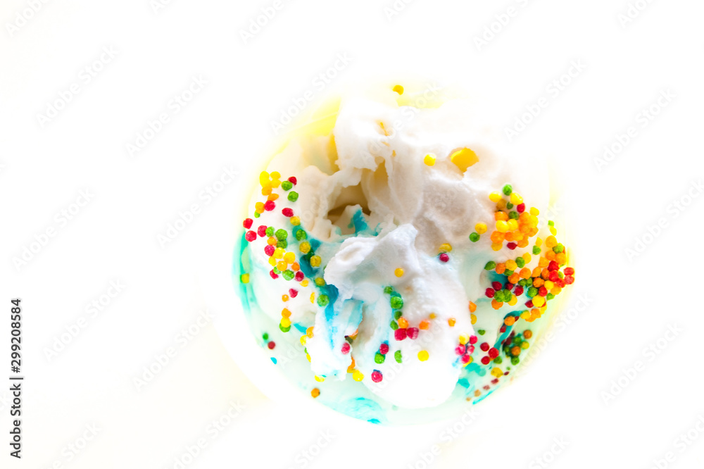 Soft tender ice cream with colored topping and syrup Soft tender ice cream with colored topping and syrup