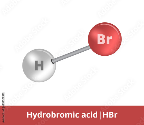 Vector ball-and-stick icon of hydrobromic acid or hydrogen bromide  HBr structure consisting of bromine and hydrogen. Structural formula suitable for education isolated on a white background. photo