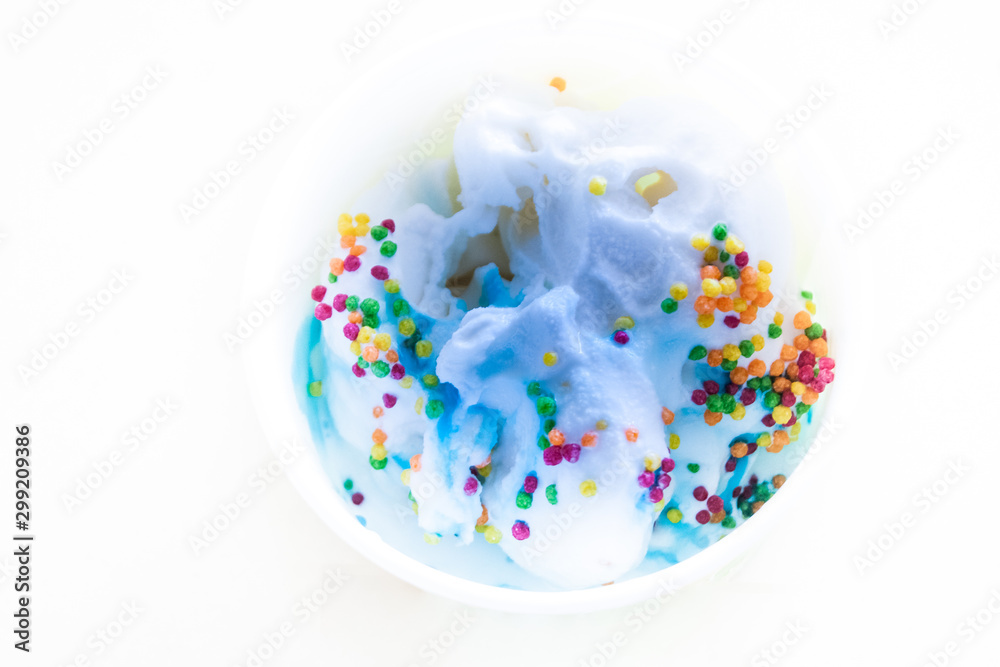 Soft tender ice cream with colored topping and syrup Soft tender ice cream with colored topping and syrup