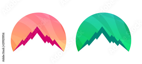 Badge with Mountains isolated on white background. Set of Colorful Vector illustration for Travel Tour. Logotype template of Rock Summit on the background of the Northern Lights.