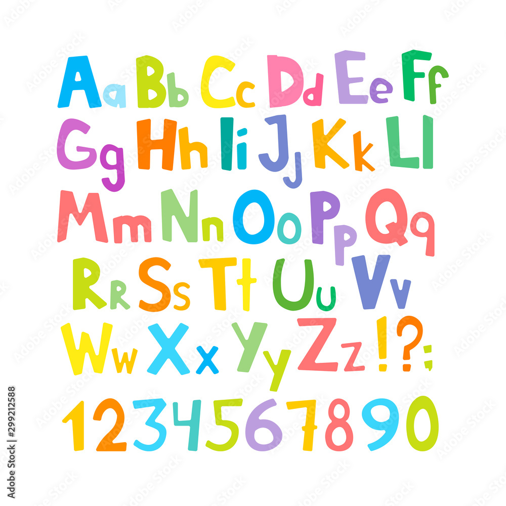 Vector cartoon typeface, multicolored kids vector ABC, letters, numbers and symbols. Uppercase and lowercase cute childish signs