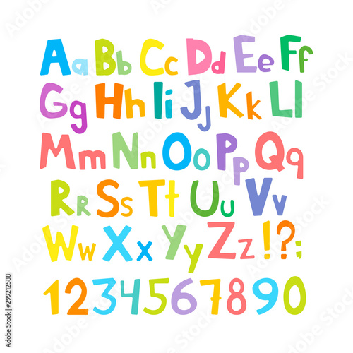 Vector cartoon typeface, multicolored kids vector ABC, letters, numbers and symbols. Uppercase and lowercase cute childish signs