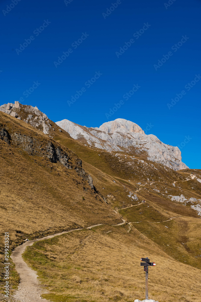 landscape in the mountains, path to the peitlerkofel, dolomite alps