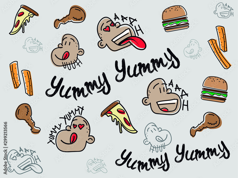 Fototapeta premium funny pattern background with funny faces and food illustrated 