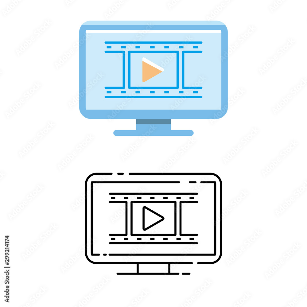 Playing video on monitor vector illustration with two different style. Monitor icon, tv icon Playing video on monitor vector illustration with two different style. Monitor icon, tv icon