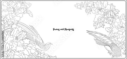Peony tree branch with flowers with pheasants in the style of Chinese painting on silk Coloring page for the adult coloring book. Outline hand drawing vector illustration..