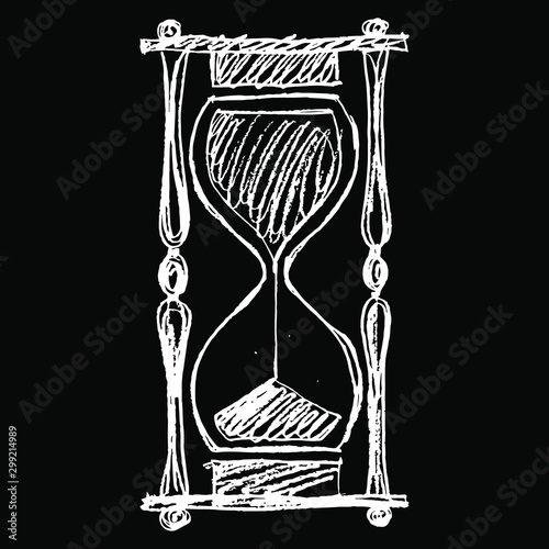 Isolated vector illustration. Hand drawn rough sketch of hourglass. White silhouette on black background.