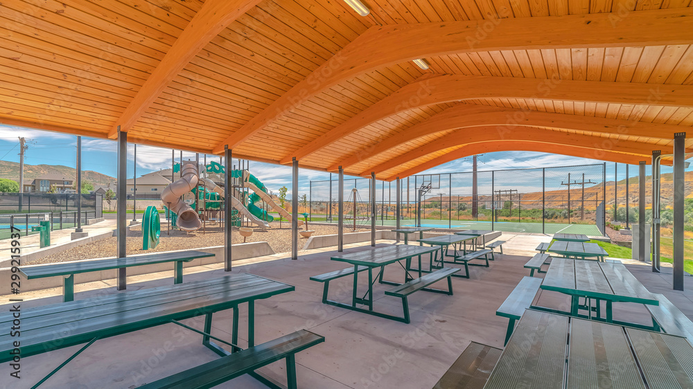 Panorama frame Outdoor shelter area in recreational fun park Panorama frame Outdoor shelter area in recreational fun park