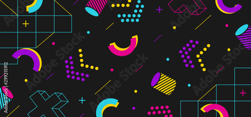 Background in the style of the 80s with multicolored geometric shapes on the black background. Illustration for hipsters Memphis style photo