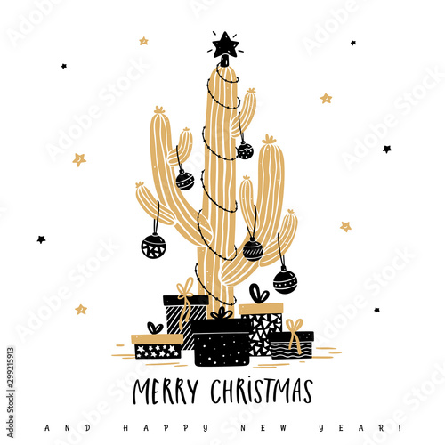 Christmas cactus with balls, garlands and gifts on the background of stars. Greeting card with illustration in hand drawn style