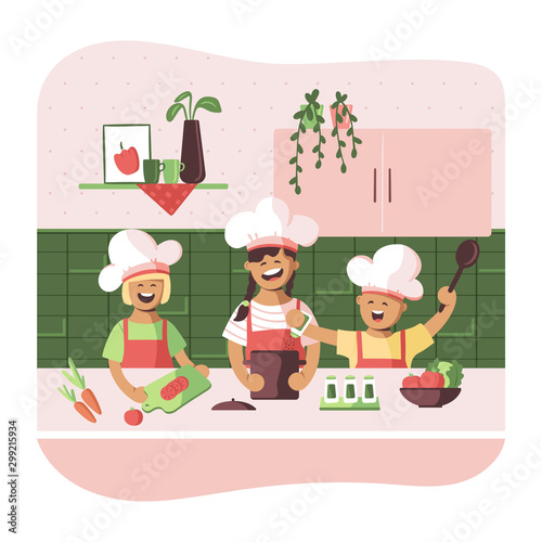 Cute kids in aprons are cooking in the kitchen. Vector illustration in cartoon style