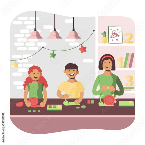 Children and teacher sculpt a snail from colored plasticine in the studio. Vector illustration in cartoon style