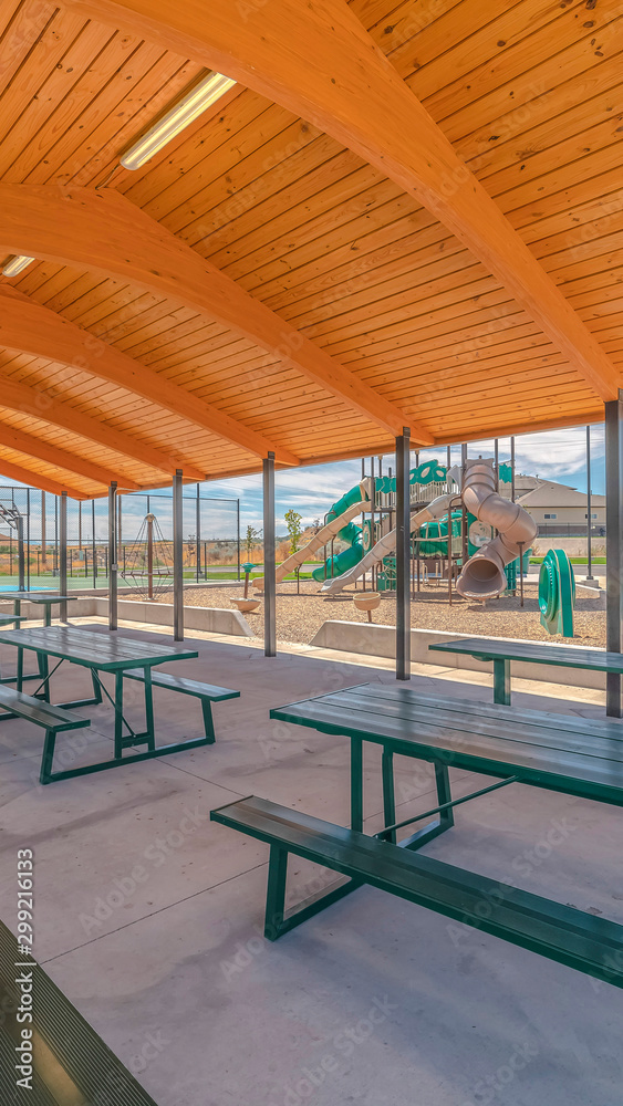 Vertical Outdoor shelter area in recreational fun park Vertical Outdoor shelter area in recreational fun park