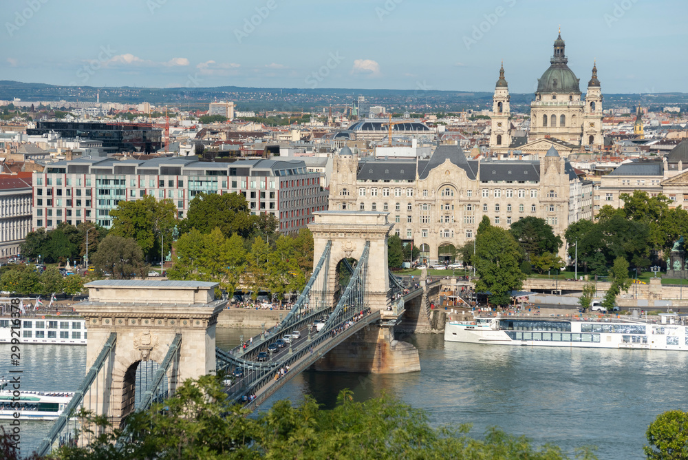 St. Stephen's Cathedral and Széchenyi Chain Bridge along the Danube River
