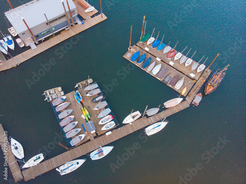 boats and yachts shot from above at sunset, nature, river. shot from above, texture