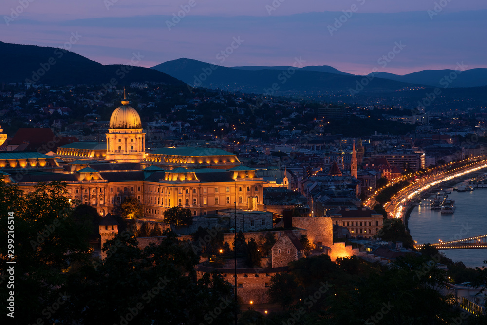 Buda Castle from a distance during a colorful sunset