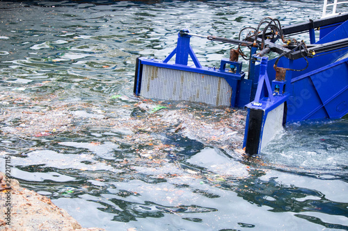 The handles of the vehicle that clean the garbage in the sea. Picking up the trash. Prevention of environmental pollution at sea.