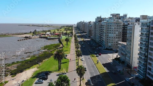 Promenade Rambla Gandhi, Buildings, Road, Cars, Traffic, Montevideo, aerial view