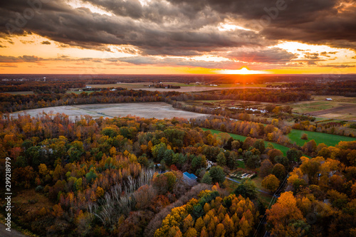 Aerial of Sunset with Fall Foliage