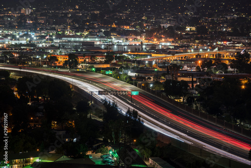 Night view of traffic on Interstate 5 in downtown Burbank near Los Angeles, California.