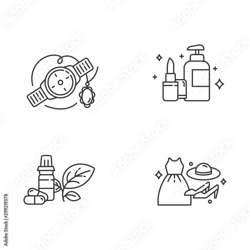 E commerce departments linear icons set. Online shopping categories. Beauty and personal care. Jewelry and watches. Thin line contour symbols. Isolated vector outline illustrations. Editable stroke