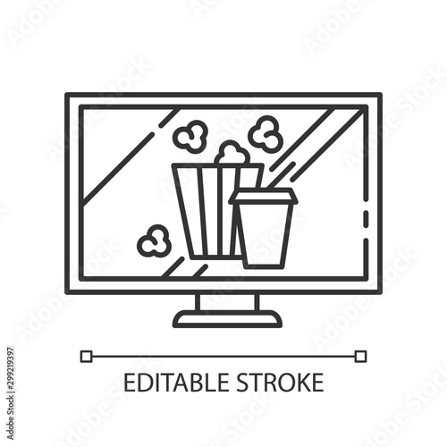 Movies and television linear icon. Watching films, tv. Popcorn, drinks. E commerce department categories. Thin line illustration. Contour symbol. Vector isolated outline drawing. Editable stroke