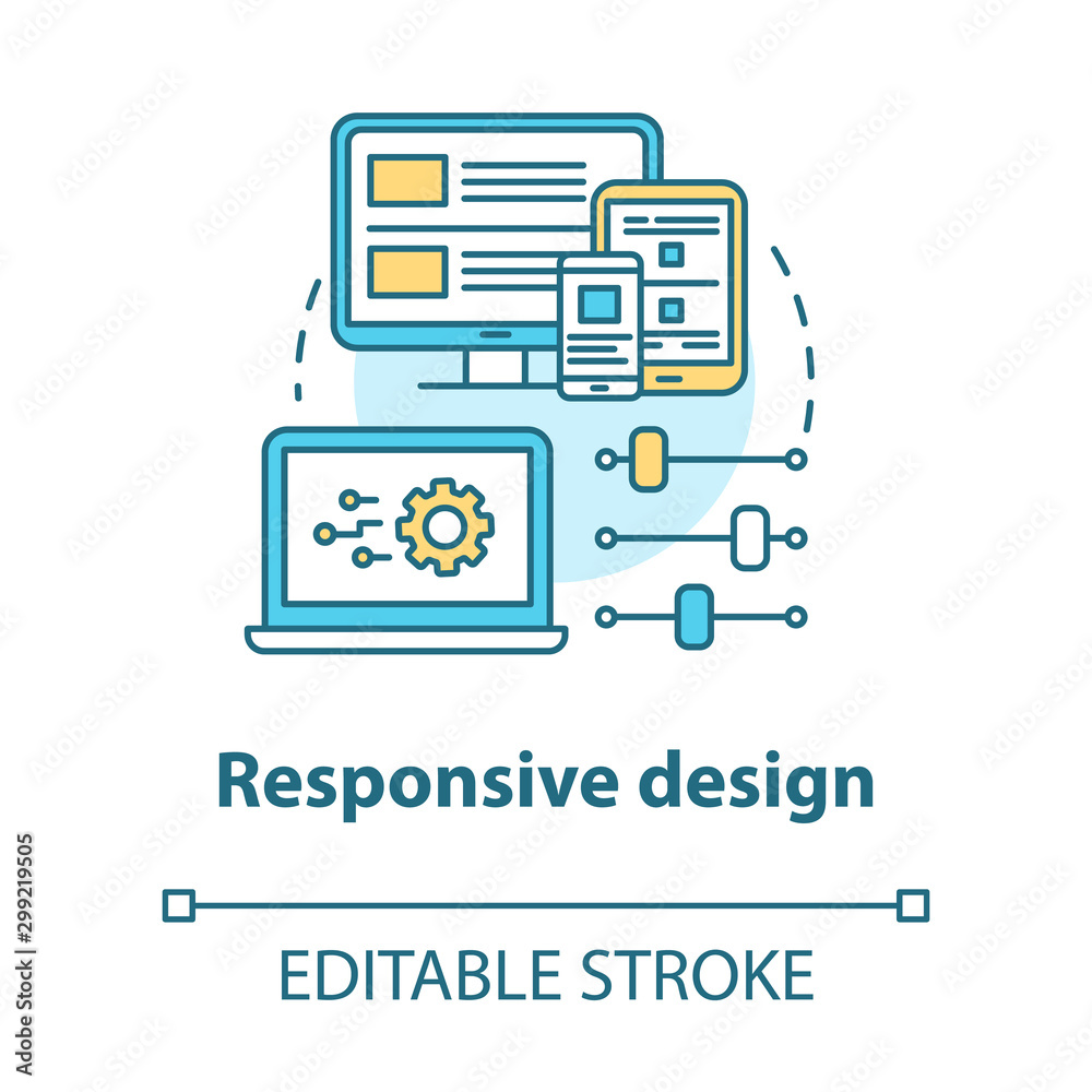 Responsive design concept icon. Mobile software interface development idea thin line illustration. App graphics for better user experience. Vector isolated outline drawing. Editable stroke Responsive design concept icon. Mobile software interface development idea thin line illustration. App graphics for better user experience. Vector isolated outline drawing. Editable stroke