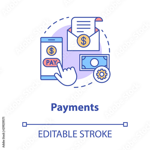 Payments concept icon. Pay online idea thin line illustration. E billing. Financial management app. Expenses tracker. Internet banking transaction. Vector isolated outline drawing. Editable stroke