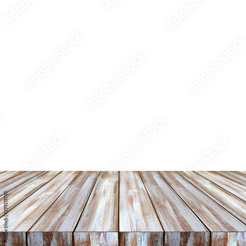 Perspective wooden table top, desk isolated on white background, Wood table surface for product display background, Empty wooden counter, shelf isolated on white for food display banner, backdrop