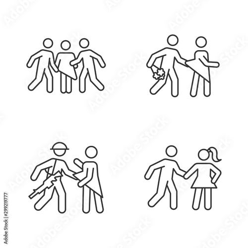 Different rape types linear icons set. Sexual harassment of women. Date, statutory, war and gang rape. Thin line contour symbols. Isolated vector outline illustrations. Editable stroke