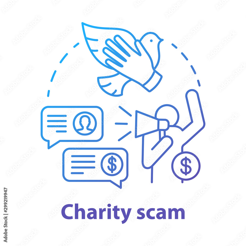 Charity scam concept icon. Asking for donation. Fake philanthropy organization. Request for finance contributions idea thin line illustration. Vector isolated outline drawing Charity scam concept icon. Asking for donation. Fake philanthropy organization. Request for finance contributions idea thin line illustration. Vector isolated outline drawing