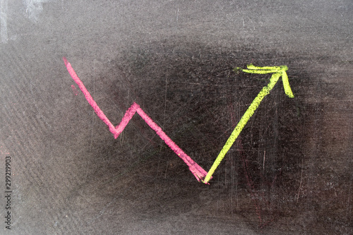 Green chalk draw as upward arrow graph on black board background (Concept for sale, profit, cost of company that can recover from loss)