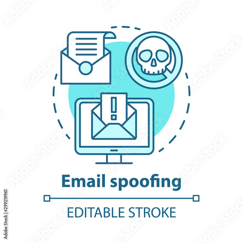 Email spoofing concept icon. Spam and virus protection. Phishing via internet. Hacking victim account. Cybercrime, fraud idea thin line illustration. Vector isolated outline drawing. Editable stroke