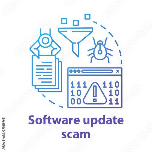 Software update scam concept icon. Computer hacking attack danger. Data theft. Software bugs and viruses. Cybercrime idea thin line illustration. Vector isolated outline drawing