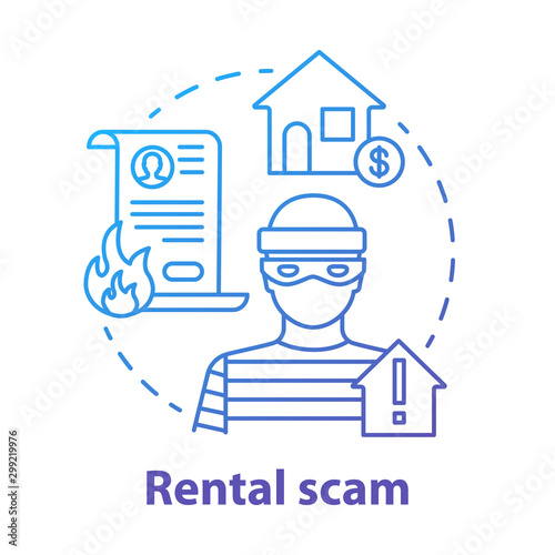 Rental scam concept icon. Housing fraud. Fake house for rent. Leasing swindle. Home buying, mortgage criminal scheme idea thin line illustration. Vector isolated outline drawing