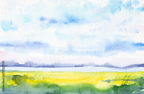 Watercolor illustration of a beautiful summer landscape by the lake