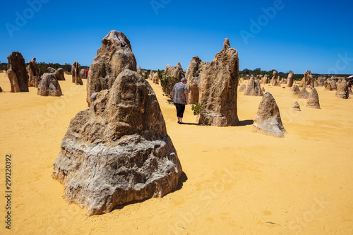 Landscape view of mature woman tourist admiring the limestone pinnacles in the Nambung National Park, Cervantes, Western Australia.