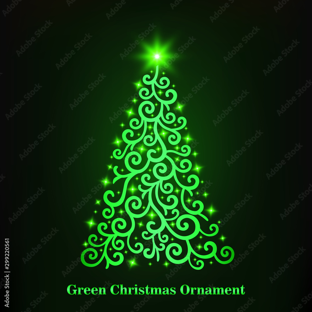 Vector of a glowing green Christmas tree ornament.  Merry Christmas and Happy New Year. Christmas decorations with green glowing stars.