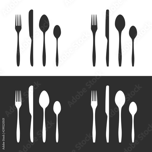 Vector illustration of cutlery silhouettes. 2 sets of fork, knife, tablespoon and teaspoon in 2 colors. Fully editable icons for menu design and your other own projects.