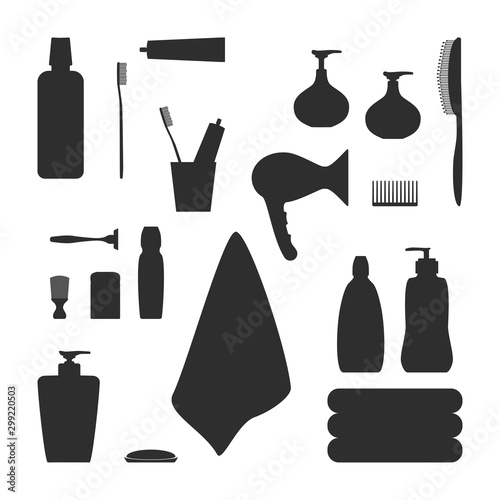 Vector illustration of personal care items. 20+ different silhouettes isolated on white. Personal hygiene, hair, skin and tooth care signs. Fully editable objects for your own projects.