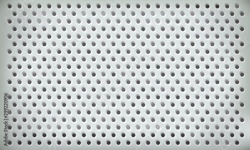 Vector perforated steel plate for textural techno background. Light gray wallpaper with holes. Industrial Machine Rough Design