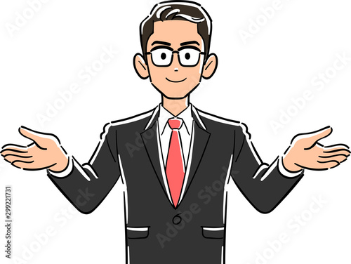 両手を広げる眼鏡をかけたビジネスマンの上半身