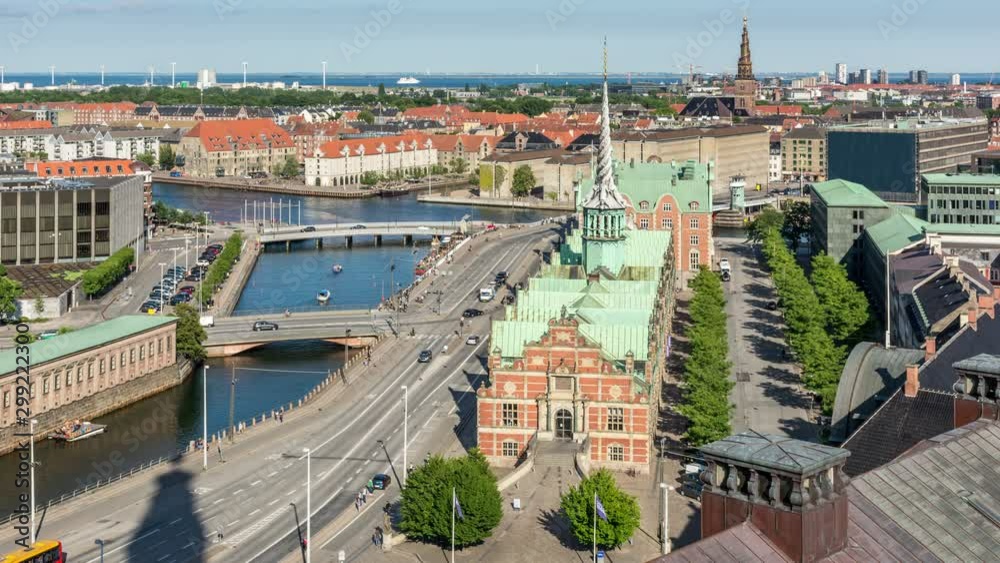 Panoramic view of Copenhagen, Denmark. Borsen - The Old Stock Exchange building and canals. City skyline.