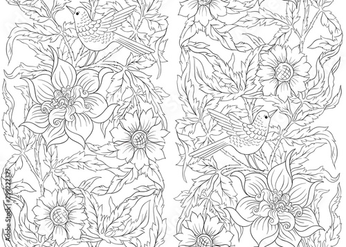 Floral Seamless pattern, background with bird In art nouveau style, vintage, old, retro style. Outline hand drawing vector illustration... © Elen  Lane