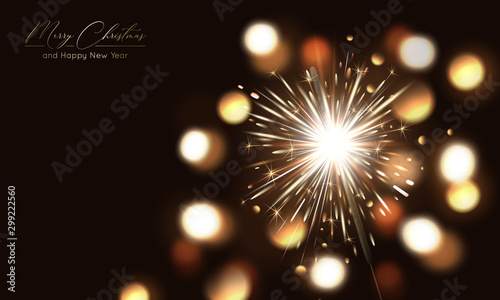 Merry Christmas background with realistic sparkler and light effects. Vector Happy New Year poster with golden bengal lights and bokeh. Festive illustration
