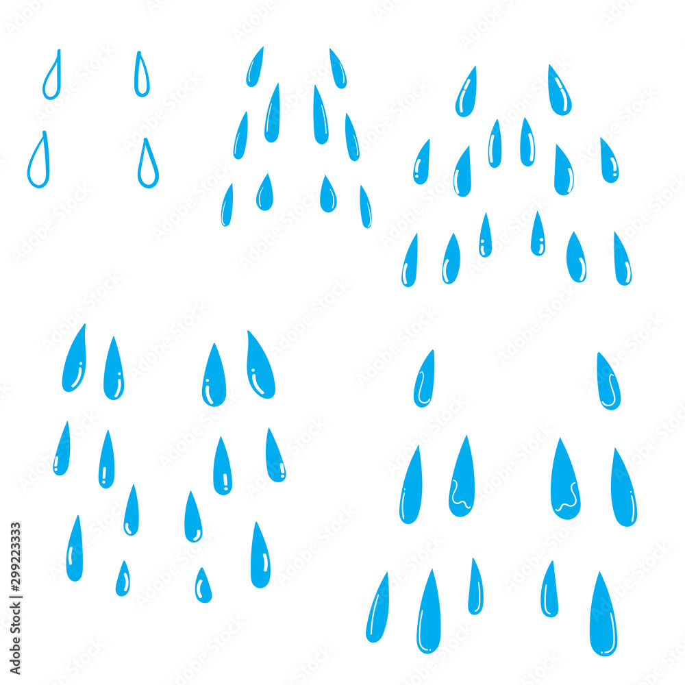 Tears drops. Sorrow weeping cry streams, tear blob or sweat drop. Stream of crying wet eyes tears or rain droplets splash shape. Raindrops isolated with handdrawn doodle style